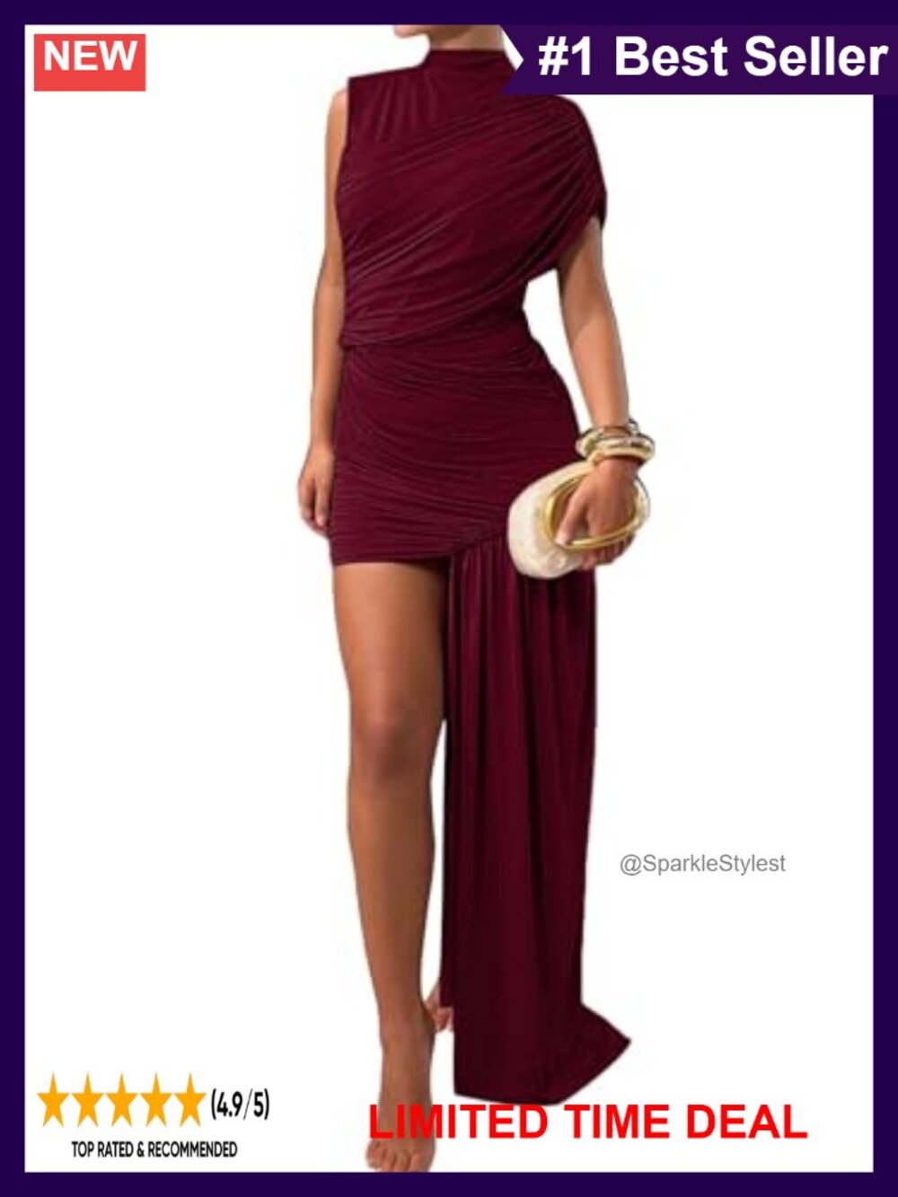 Women's Sleeveless Ruched Maxi Dress Mock Neck One Shoulder Bodycon Club